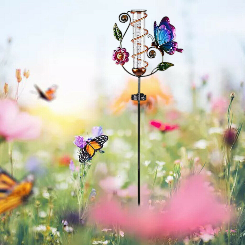 Rain Gauge Butterfly Garden Stakes Decor Glow in Dark Metal Yard Art Outdoor