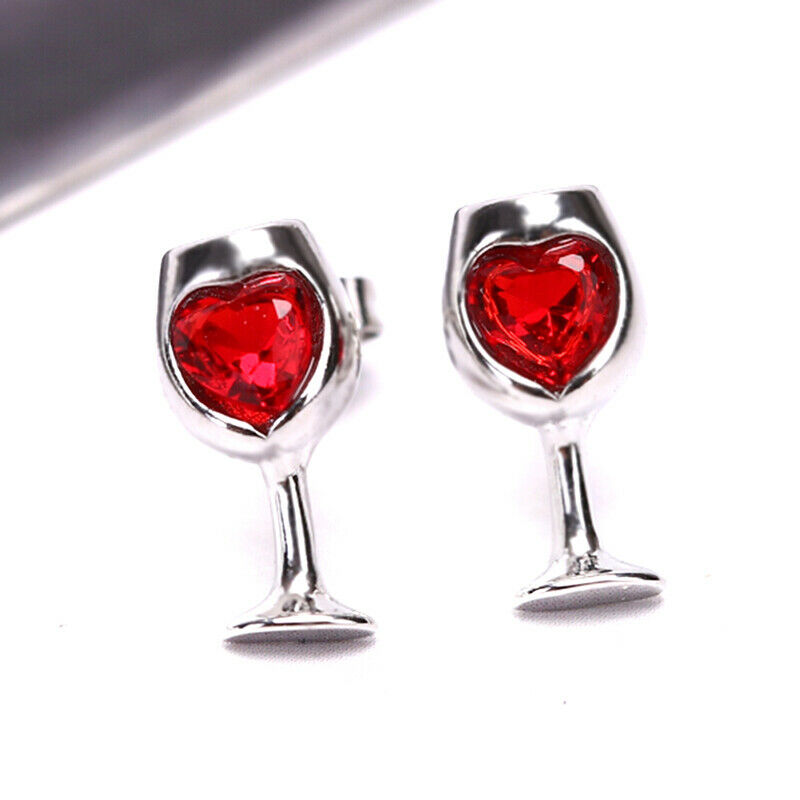 Fashion Red Color Heart Crystal Stone Wine Glass Stud Earrings Jewelry Gift S Pb