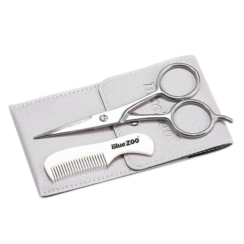 Beard Scissors Facial Hair Trimmer Trimming Styling w/Comb Pouch Set Gray