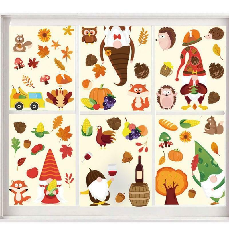 9 Pcs Thanksgiving Gnome Window Cling Stickers Maple Leaf Corn Harvest Festival