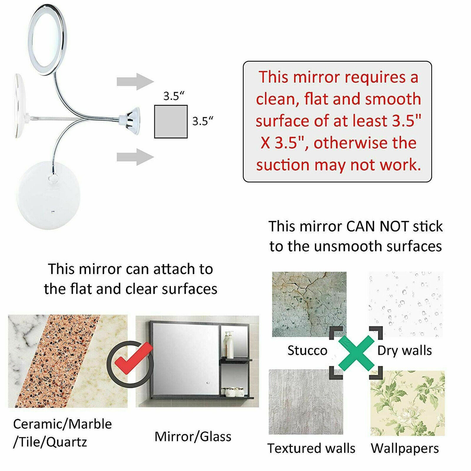 10X Flexible Gooseneck Makeup Mirror with LED Light Bathroom Suction Cup 7" CA