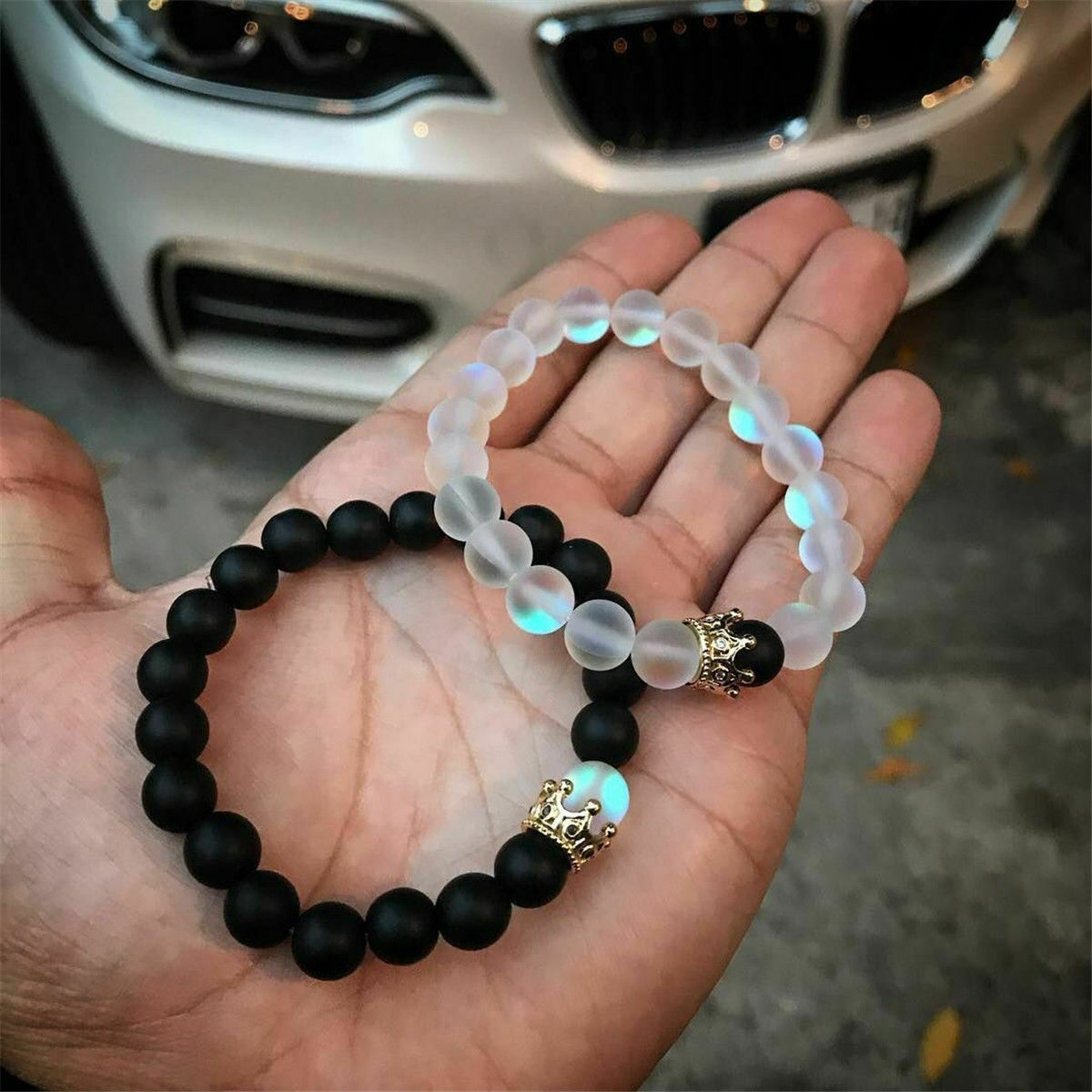2Pcs King Queen Crown Couple Bracelets His & Her Friendship 8mm Beads Bracelets