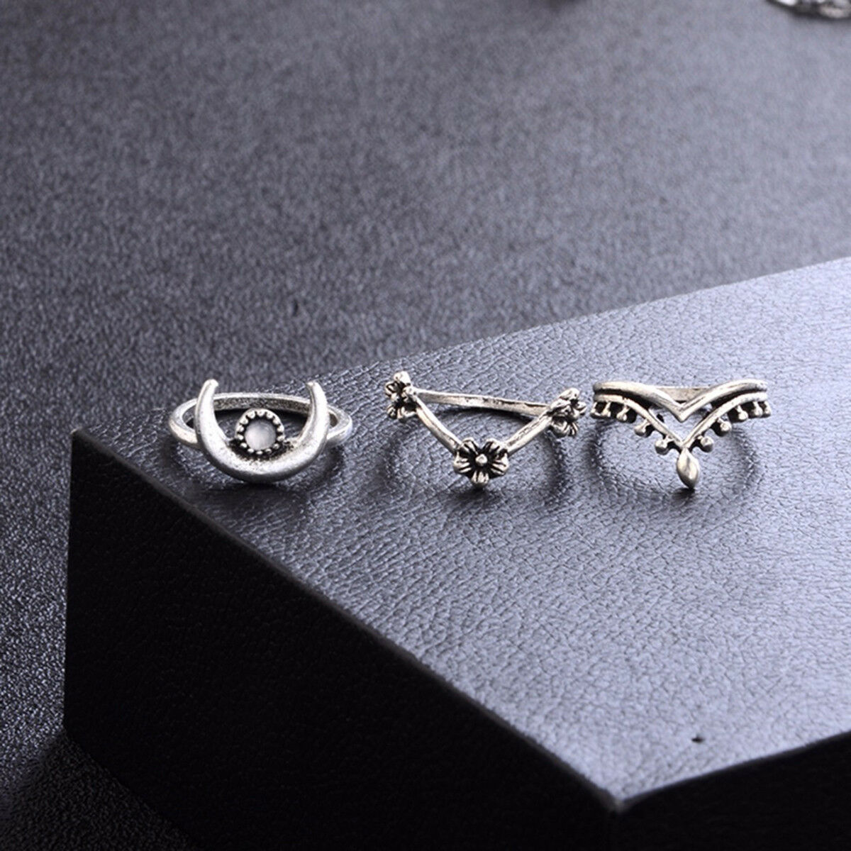 14 PCS/set BOHO Moon & Sun Knuckle Opal Finger Ring Set Leaf Flower Midi Rings