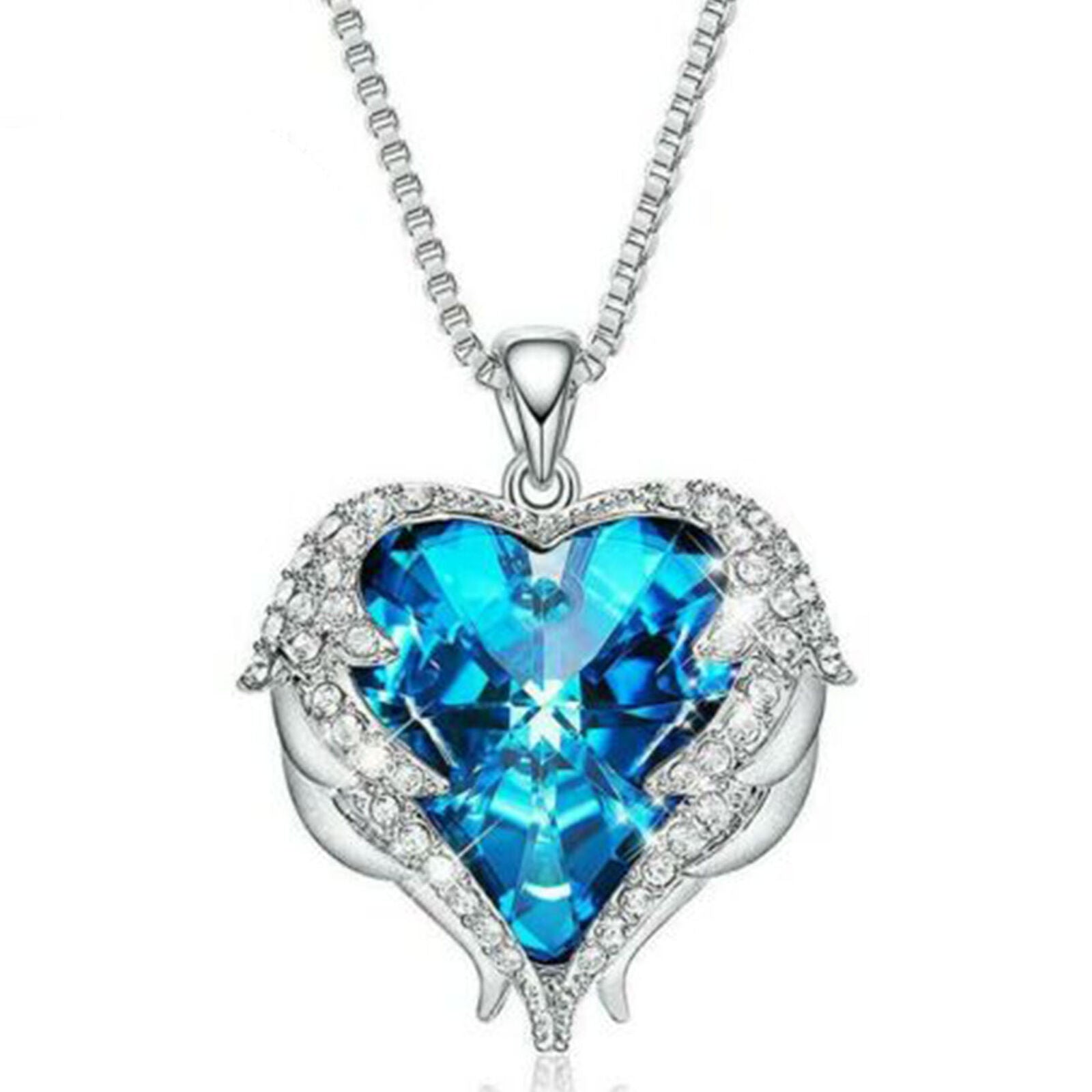 Angel Wings Blue Crystal Heart Pendant Necklace Austria Crystals