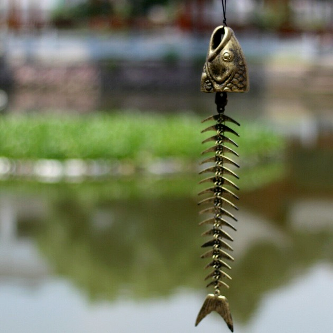 Metal Cast Iron Bronze Fish Bone Bell Wind Chime Home Garden Decor21'' /53cm