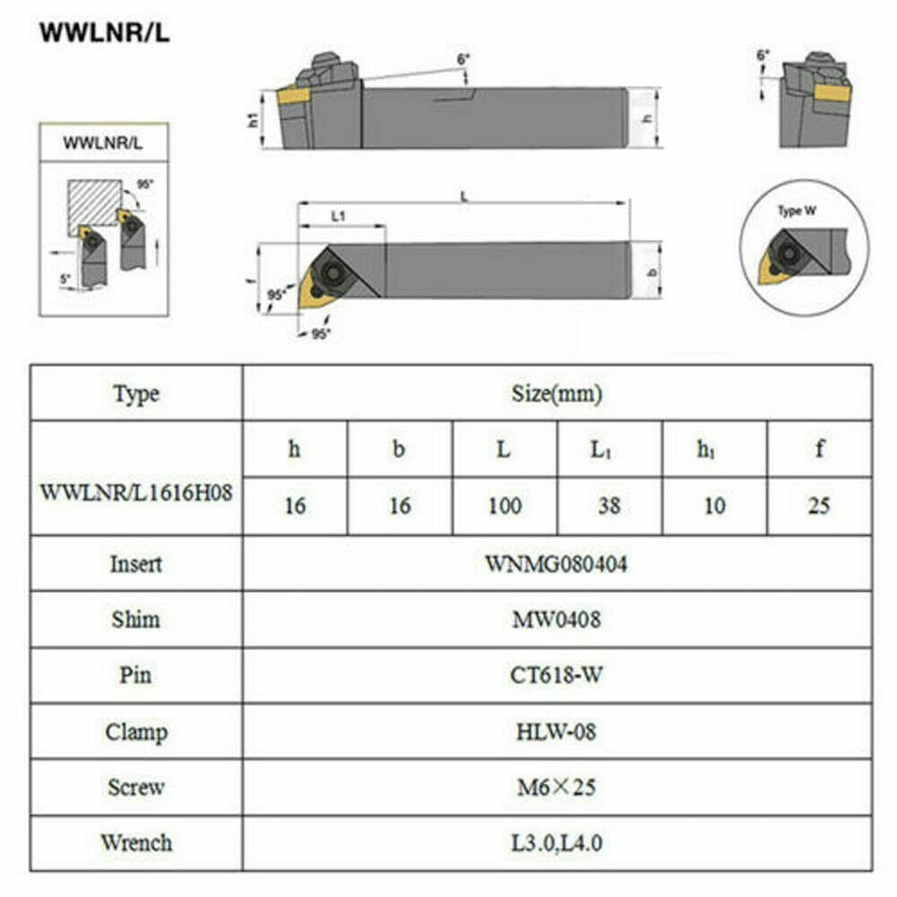 WWLNR1616K08 + WWLNL1616K08 External Boring Bar Tool Holder+WNMG080404-HM insert
