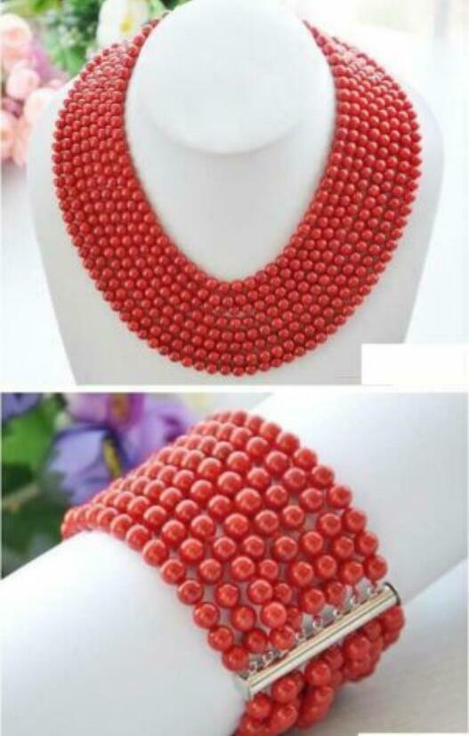 8 Rows Natural 6MM Red Round Coral Beads Necklace & Bracelet