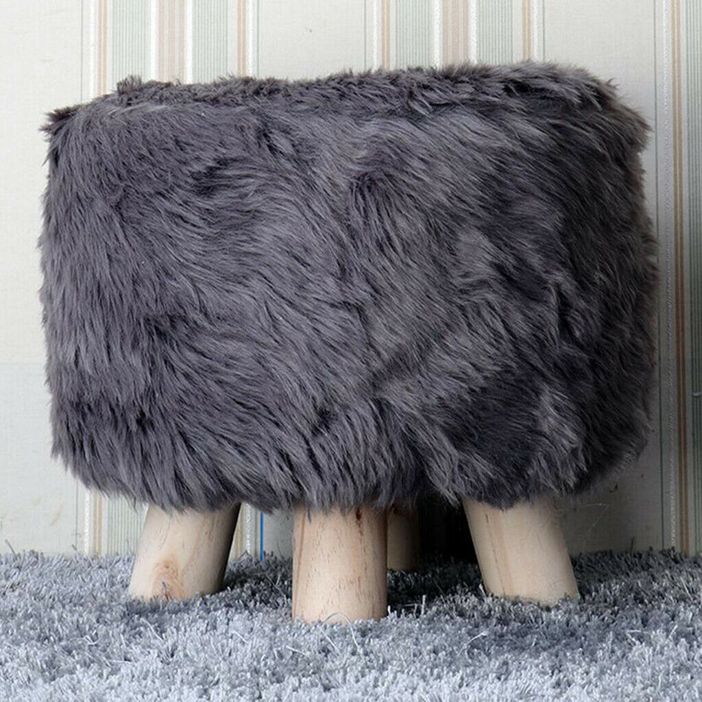 Soft Furry Round Footrest Stool Slip- Cover for Living Room 35cm Dia. Grey