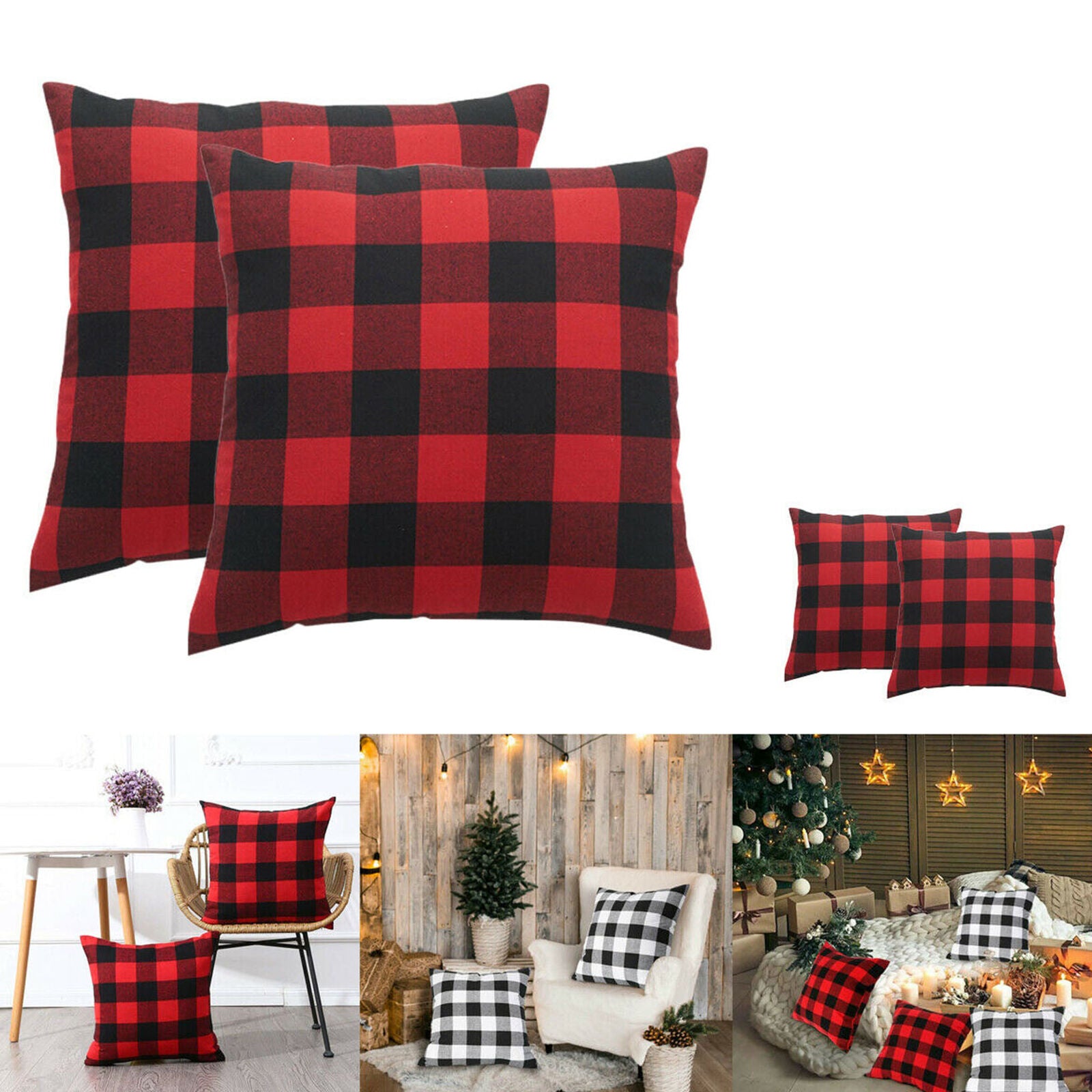 2X Throw Pillow Cover Red Black Buffalo Check Plaid Home Decor Cushion Sofa Case