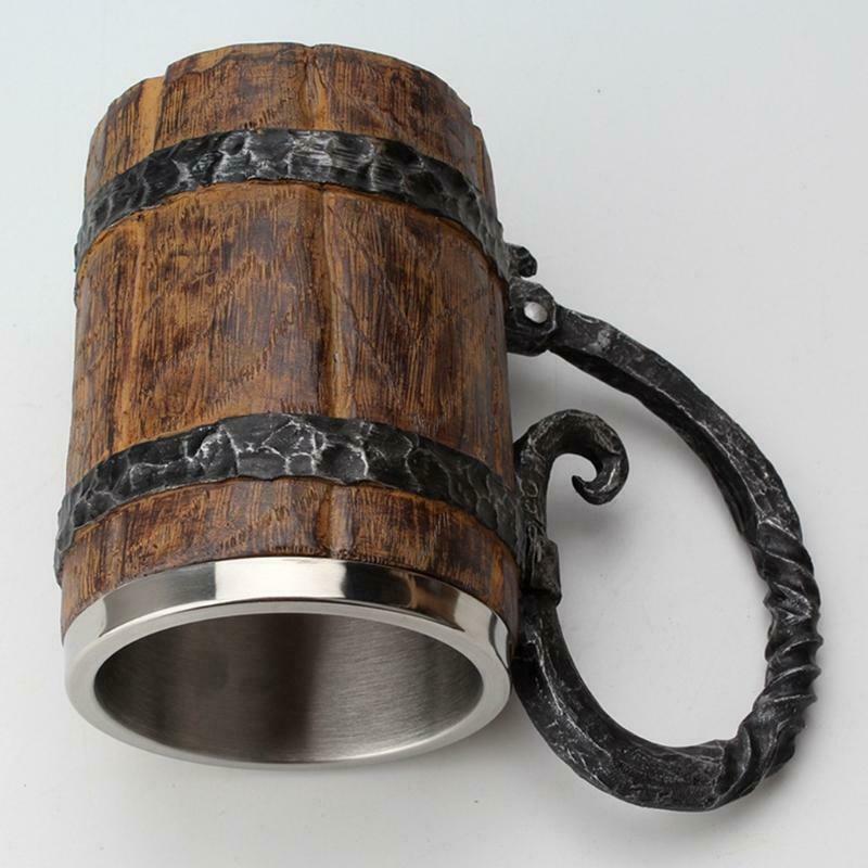 Wooden Barrel Beer Mug,Bucket Shaped Drinkware With Handle,Stainless Steel Doubl