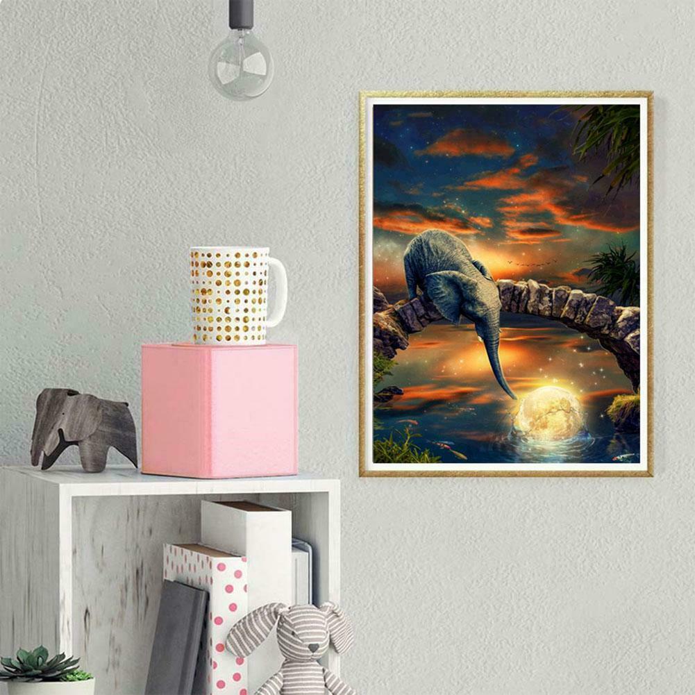 Lake Elephant 5D DIY Full Drill Round Diamond Painting Embroidery Kits Gift @