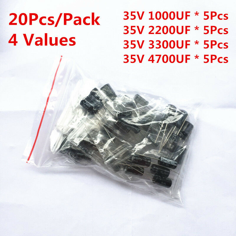 20Pcs 35V 1000UF 2200UF 3300UF 4700UF Electrolytic Capacitor Assorted Kit
