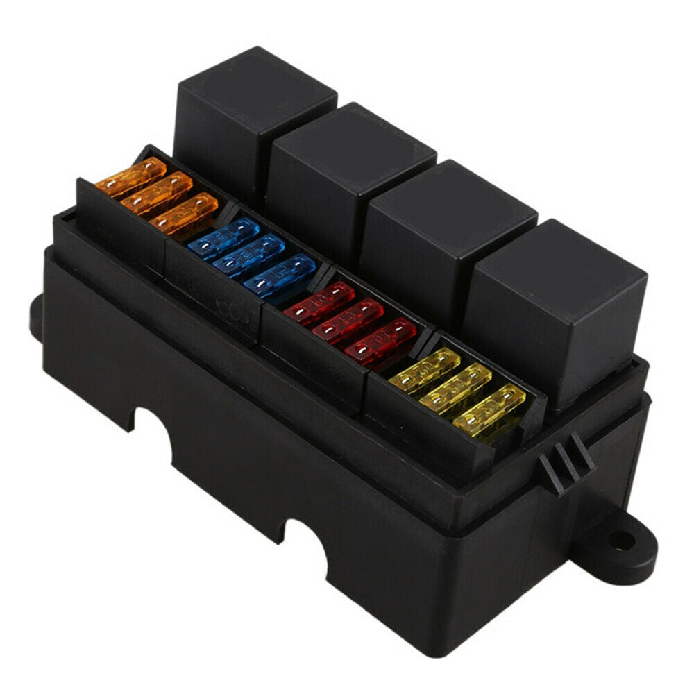 12 Way Blade Fuse Holder Box w/ Terminals 4 Pin 40A Relay for Car Truck Boat