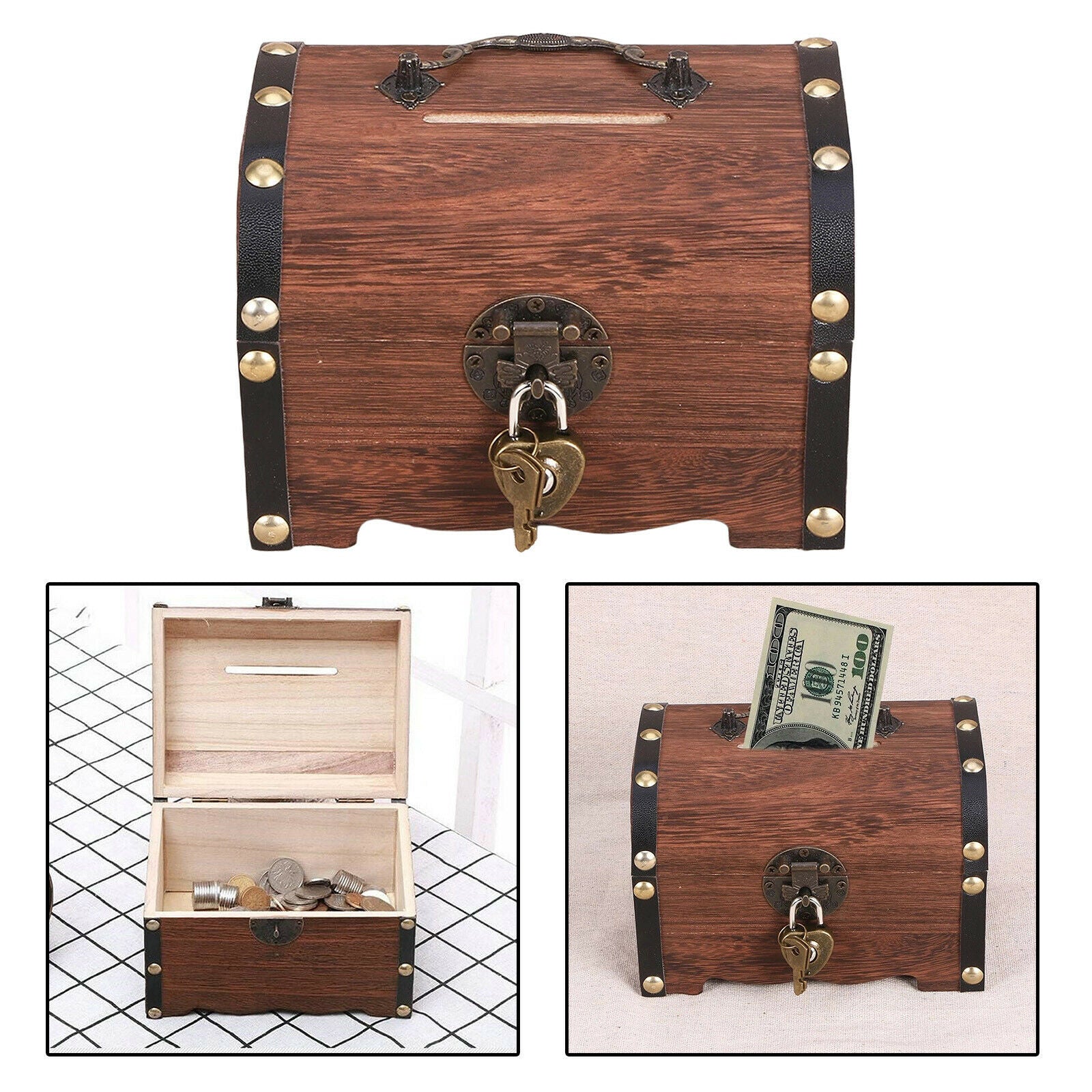 Wooden Treasure Chest Trinket Preservation Storage Box Bedroom Piggy Bank