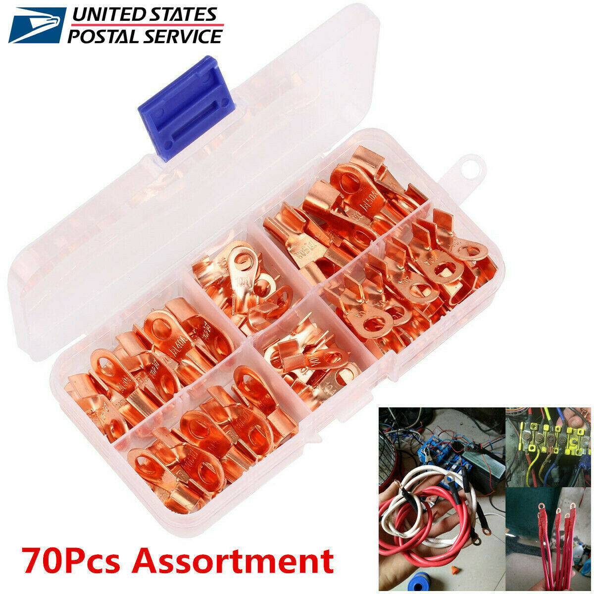 70Pcs Open Barrel Copper Ring Lug Terminals Wire Crimp Connectors OT 10A-50A -US