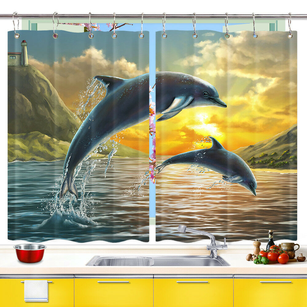 Sunset and Dolphin Kitchen Curtains Window Treatments 2 Panels, 55X39 Inches