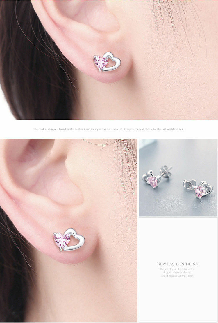 Double Love Heart to Heart Pink CZ Stud Earrings for Women 925 sterling Jewelry