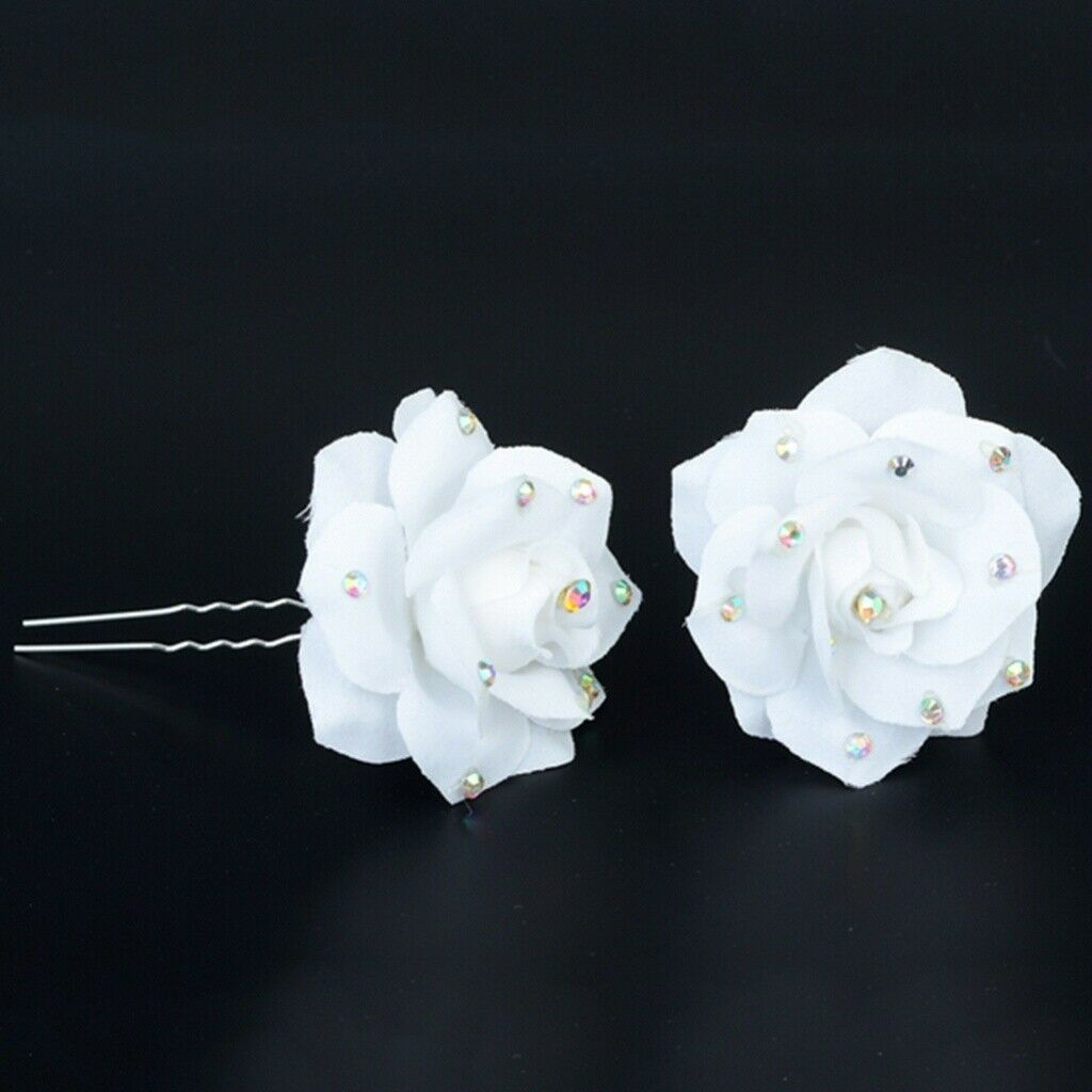 Women Hair Clips 10pcs White Rose Cloth Crystal U-shaped Hair Pin Barrette Party