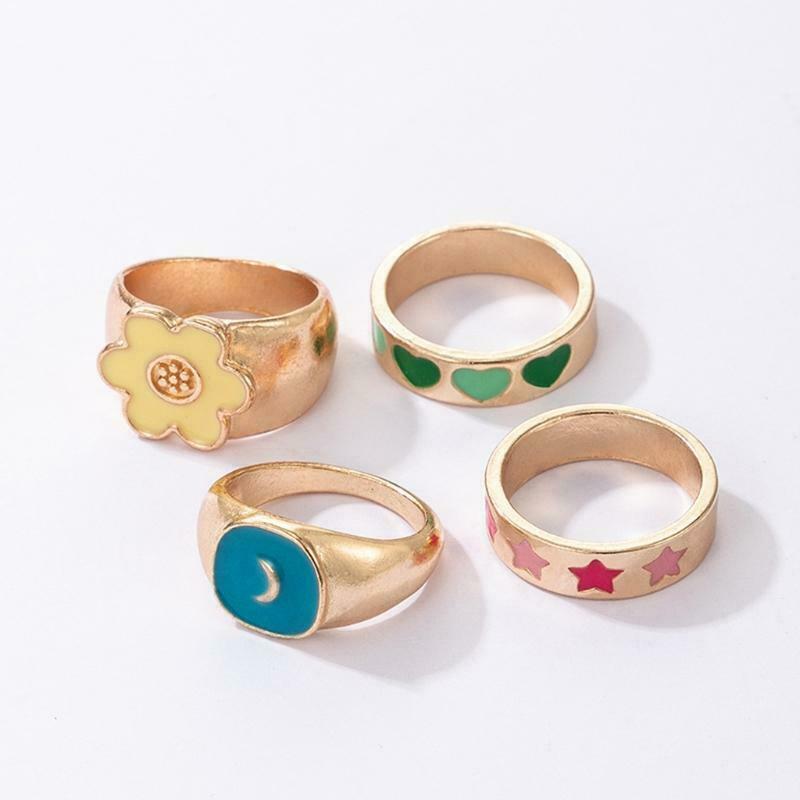 4 PCS Colorful Heart Ring Star Moon Alloy Rings Set for Women Girl Couple