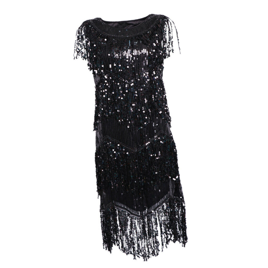 Women Latin Tango Ballroom Dance Costume Sequins Tassel Skirt L Black