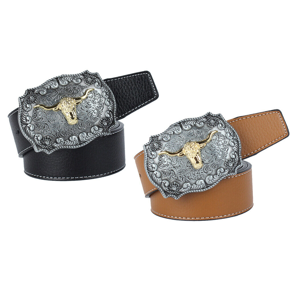 2x Square Longhorn Steer Head Cowboy Leather Belt Jeans Belt 1.5" Wide