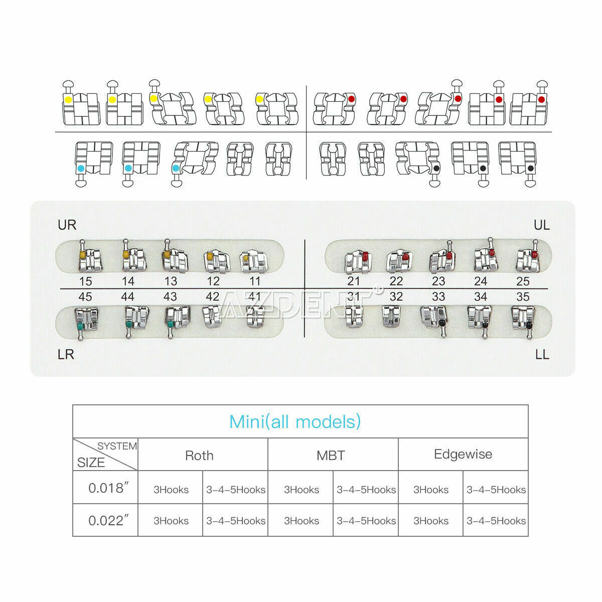 40 X Orthodontic Brackets Brace Dental Mini MBT Slot.018 Hooks 3-4-5 AZDENT