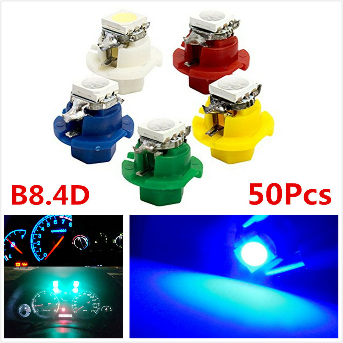 50Pcs T5 B8.4D 5050 1SMD LED Indicator Gauge Dashboard Dash Side Light Bulbs 12V