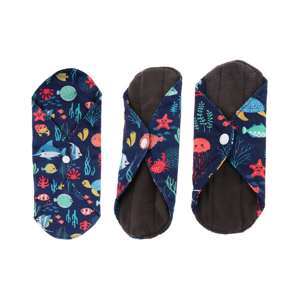 3 Pcs Set Charcoal Bamboo Mama Cloth/ Menstrual Pads/ Reusable Sanitary Pads for