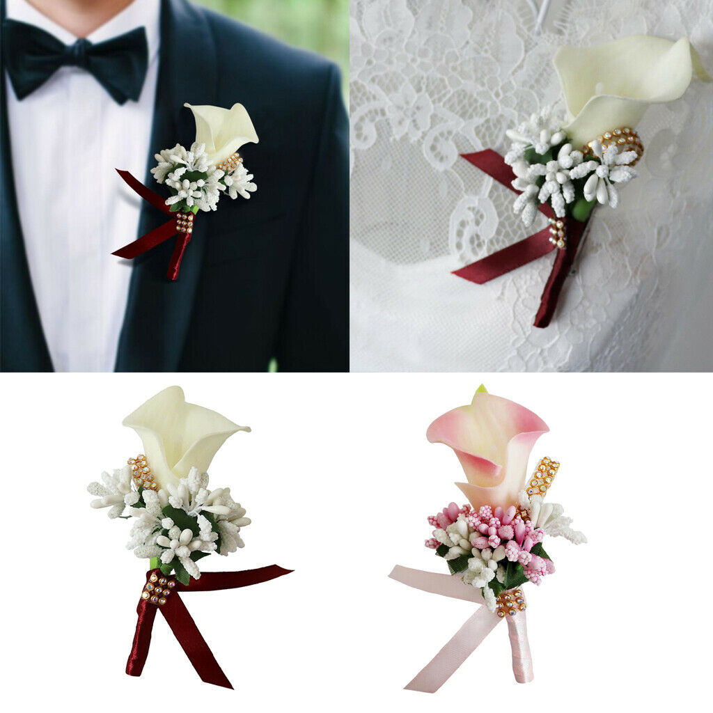 2Pcs Cute Calla Berry Rhinestone Groom Bridal Wedding Corsage Peach 2 Colors