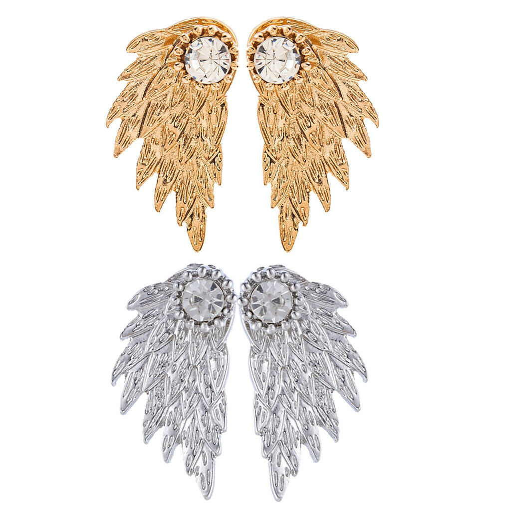 2 Pairs Fashion Women Angel Feather Wing Earrings Rhinestone Dangle Ear Stud