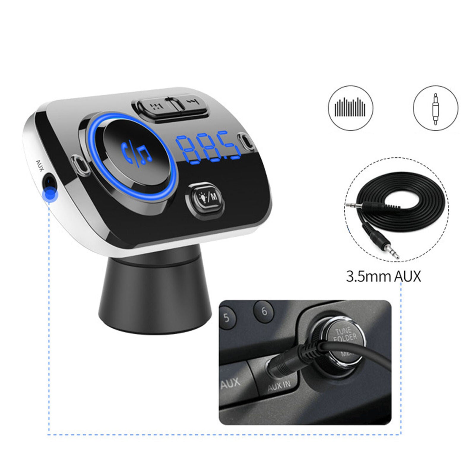 Bluetooth 4.2 Handsfree Car Kit FM Transmitter MP3 Player & USB Fast Charger AUX