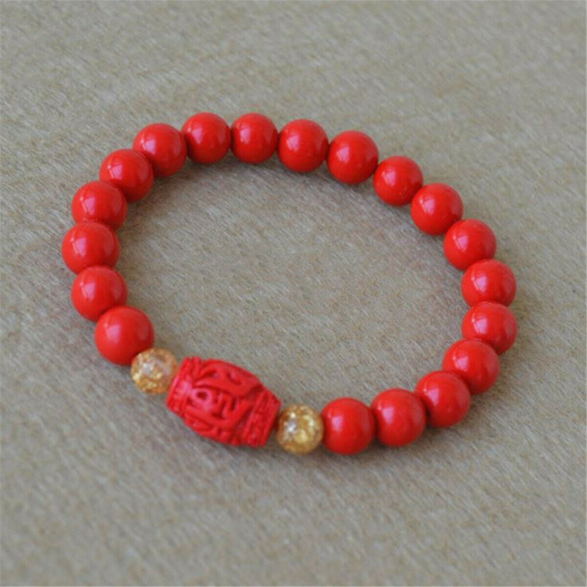 Chinese 8MM Natural Red Organic Cinnabar Elastic Bracelet Lucky Amulet Gift