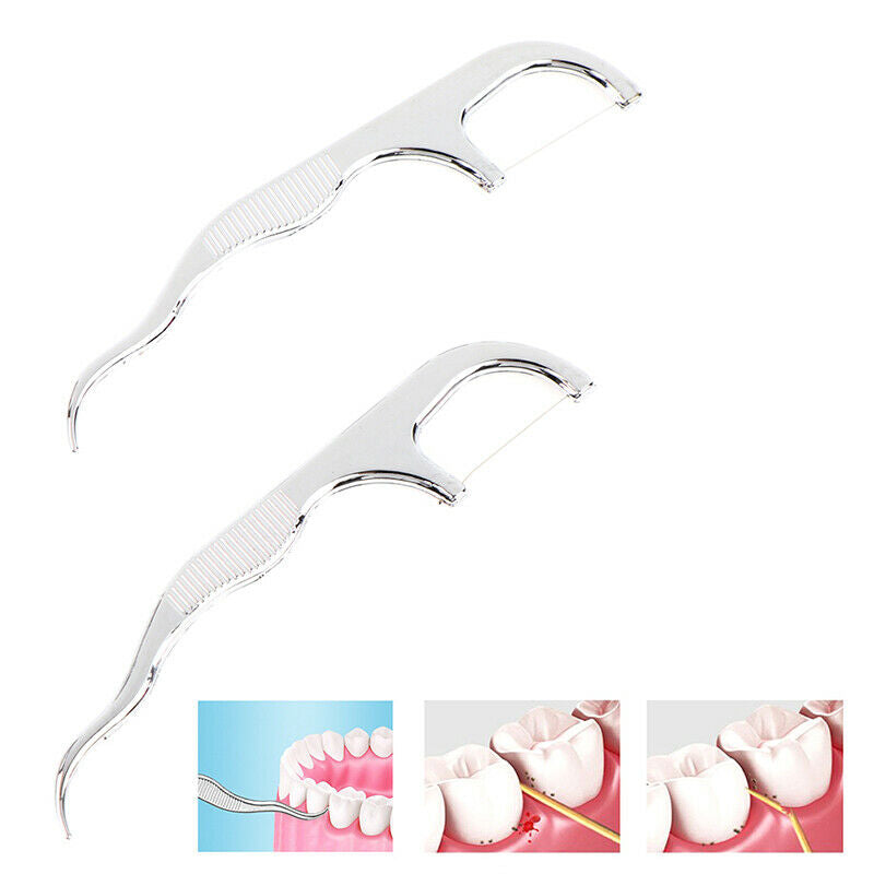 Stainless Steel Toothpick Dental Floss Reusable Flossing Holder Teeth Clean XC