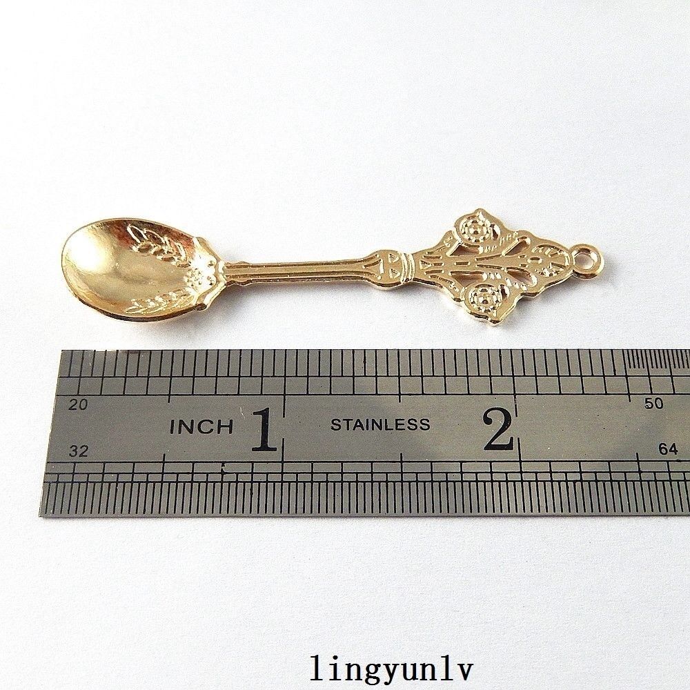 10-pack Golden Alloy Floral Spoon Pendant Jewelry Making Charm Art Craft 63x14mm