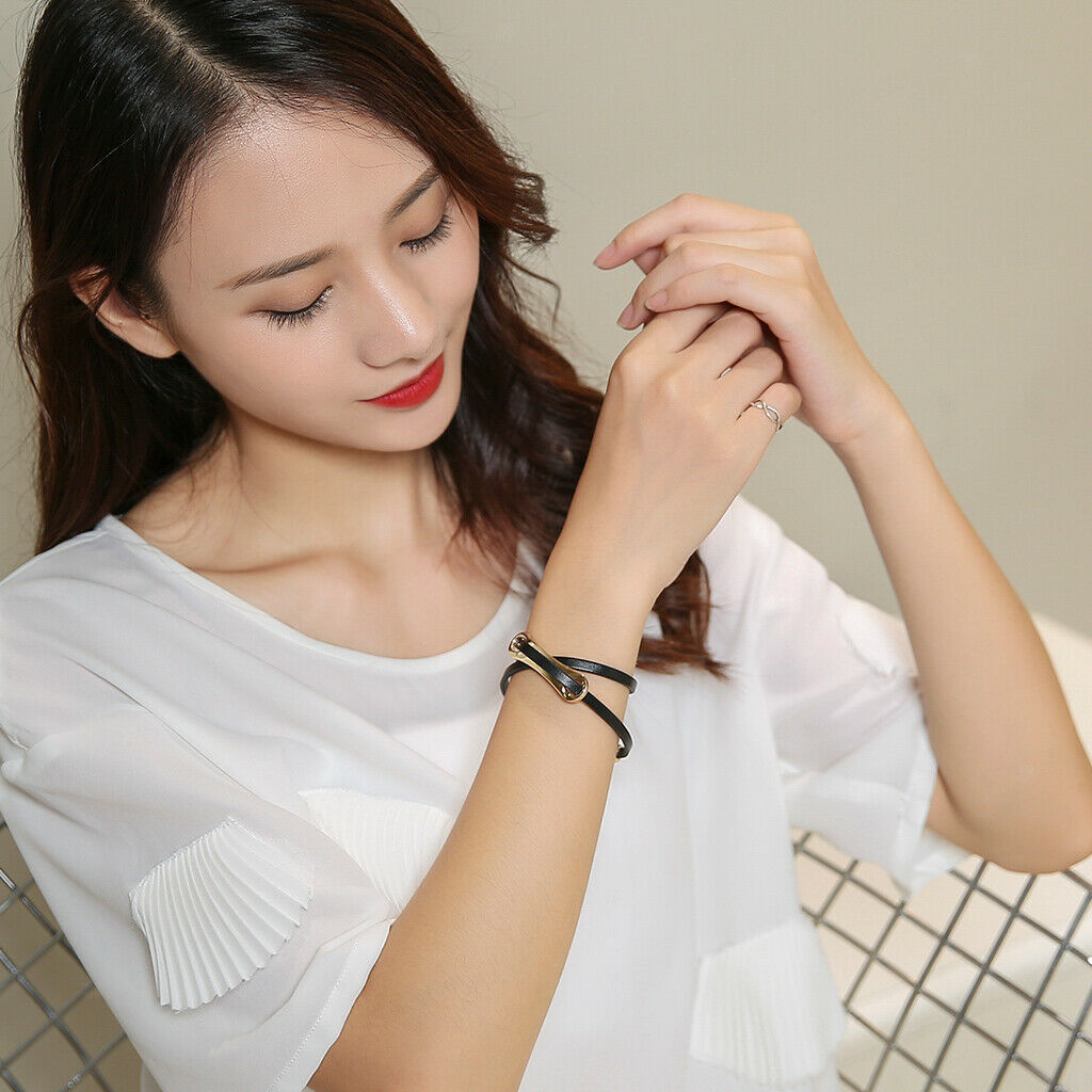 Leather Double Wrap Belt With T Buckle Bracelet Cool Wristband Cuff Black