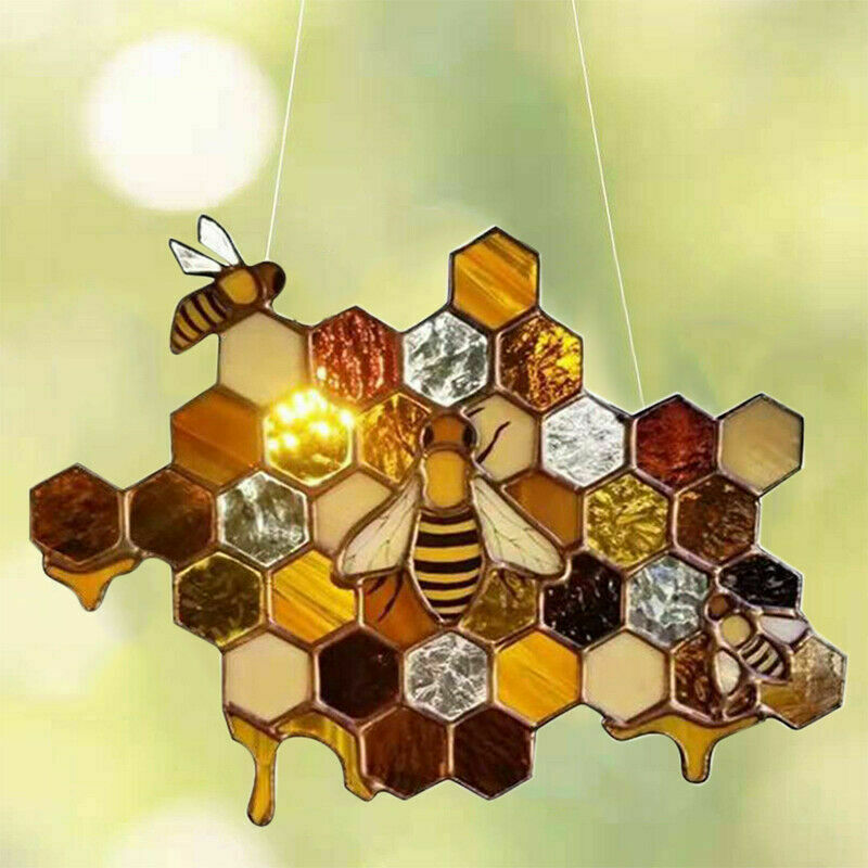 Stained Glass Bee Honeycomb Hanging Suncatcher Ornaments Window Garden Decor