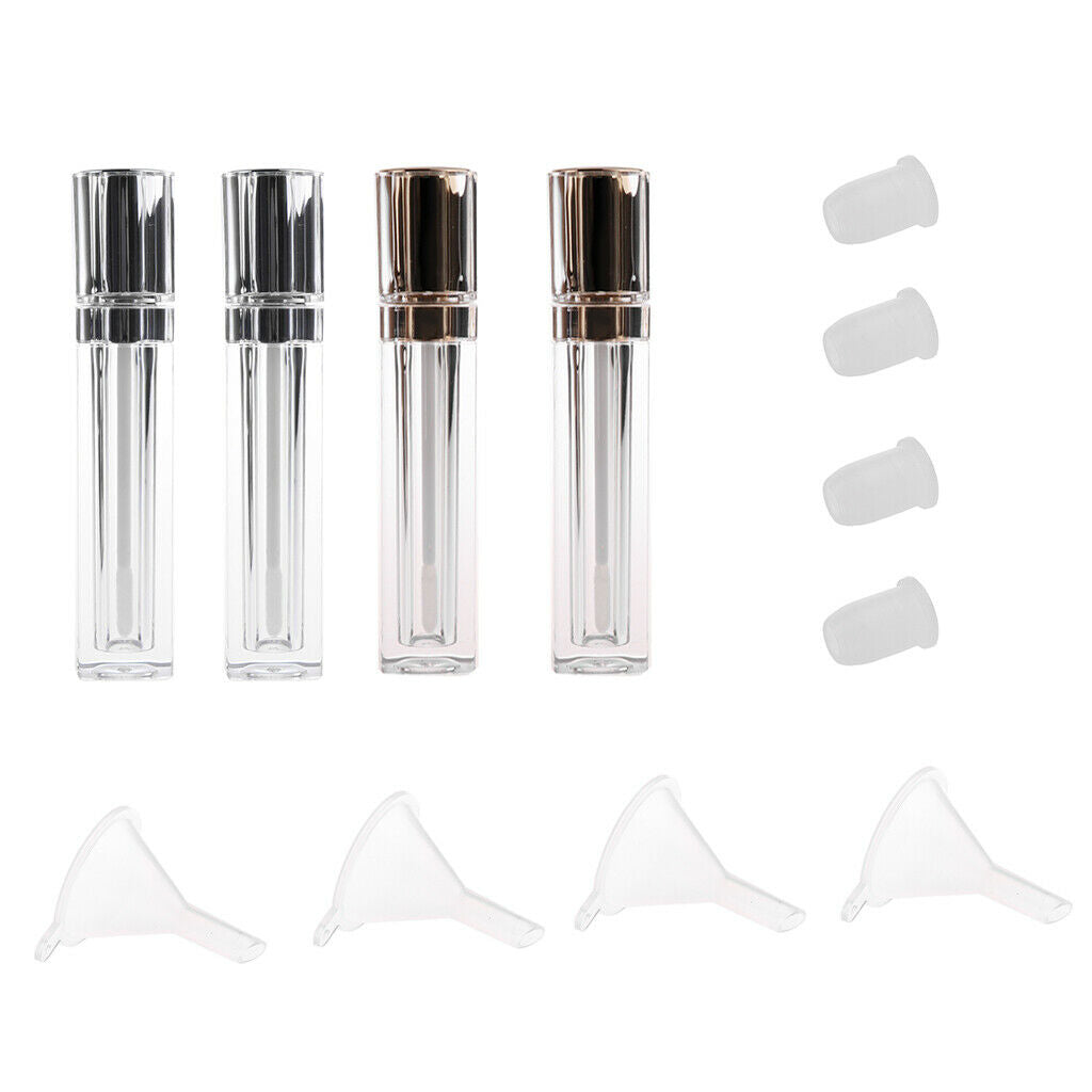4 Pieces Empty Plastic Tube 8ml Makeup Lip Gloss + 4pcs Funnel + 4pcs Caps