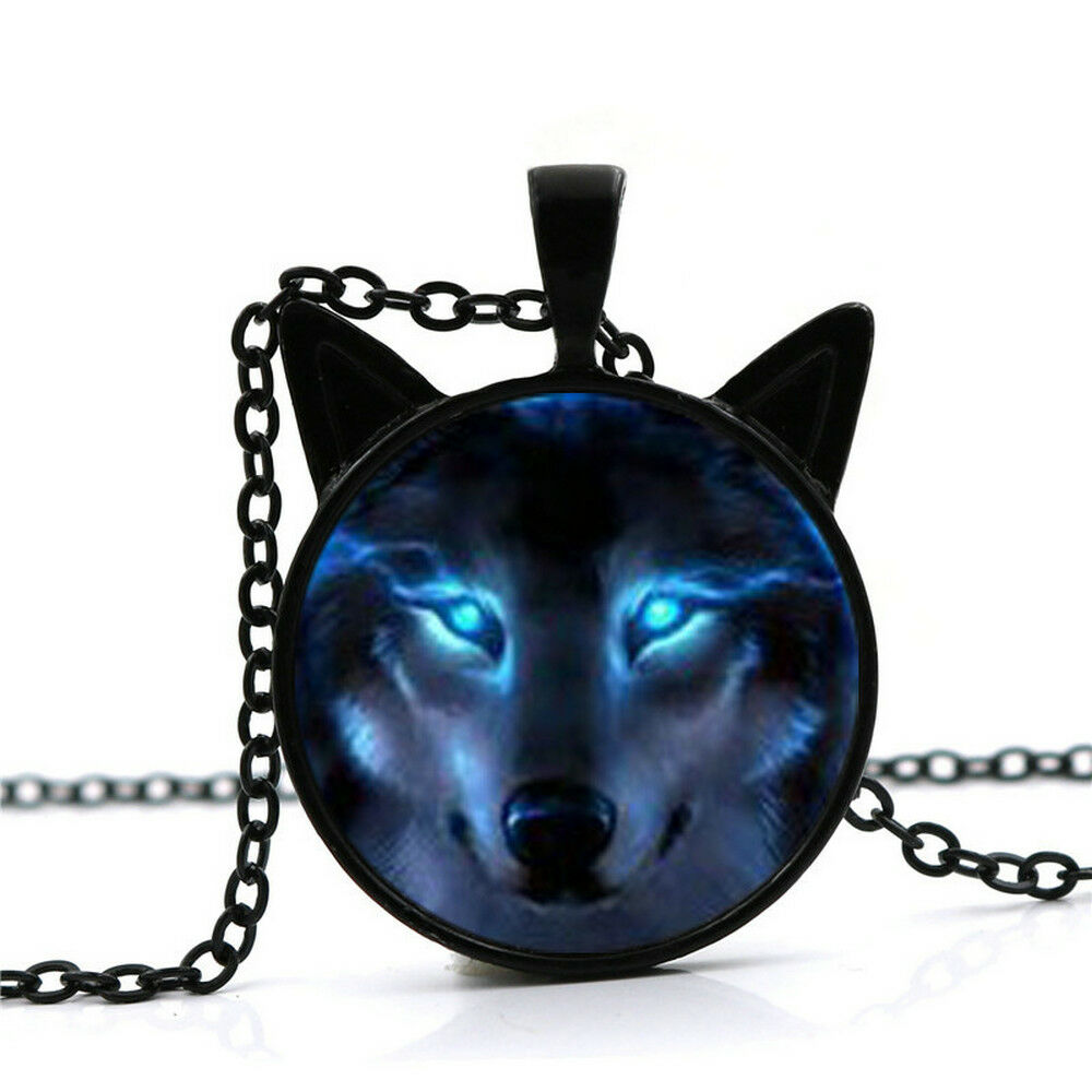 New Nordic Wiccan Wolf Photo Cabochon Glass Black Chain Pendant Necklace