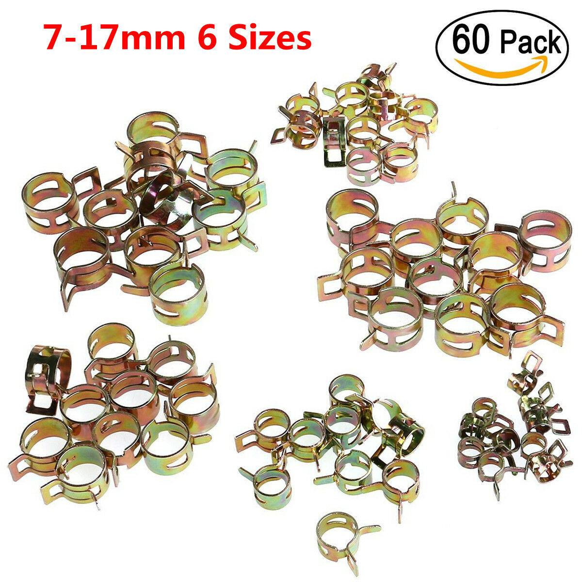 60pc 6 Sizes 7-17mm Car Spring Clip Fuel Oil Water Hose Pipe Tube Clamp Fastener