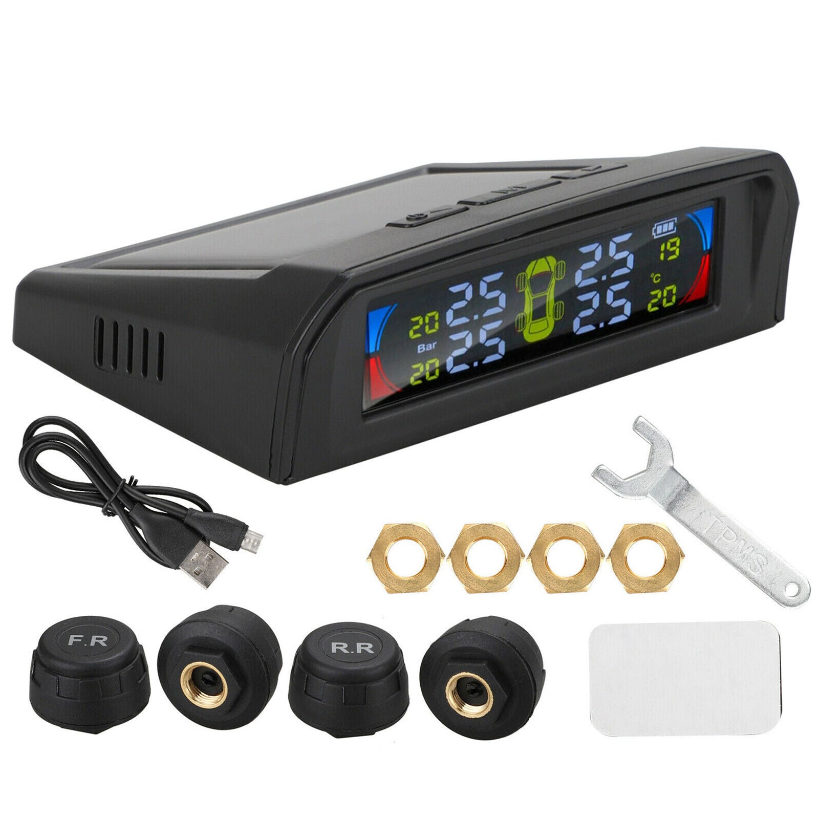 Car Tire Pressure Monitoring System LCD Solar Wireless TPMS + 4 External Sensors