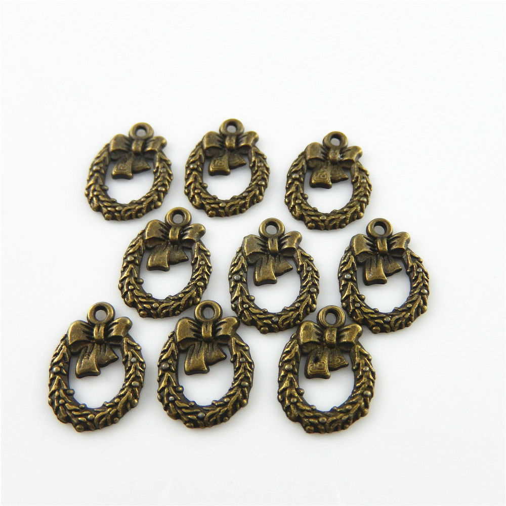 100 Retro Bronze Christmas Wreath Charm Alloy Pendant Xmas Craft Jewelry 14*12mm