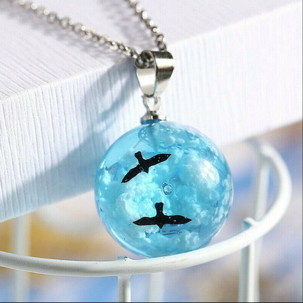 White Clouds Blue Sky Birds Glass Ball Pendant Necklace Terrarium Fashion Gifts.