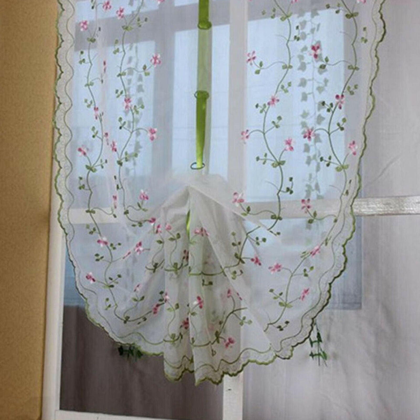 Fresh Hand Embroidered Floral Shade Sheer Voile Door Window Cafe Kitchen Curtain