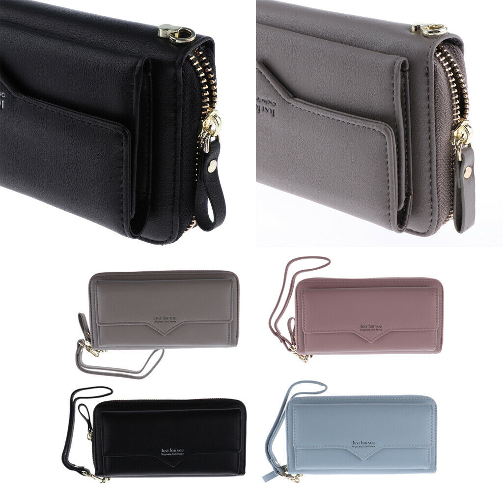 Women PU Leather Wallet Long Bifold Wristlet Purse Clutch Card Holder Black