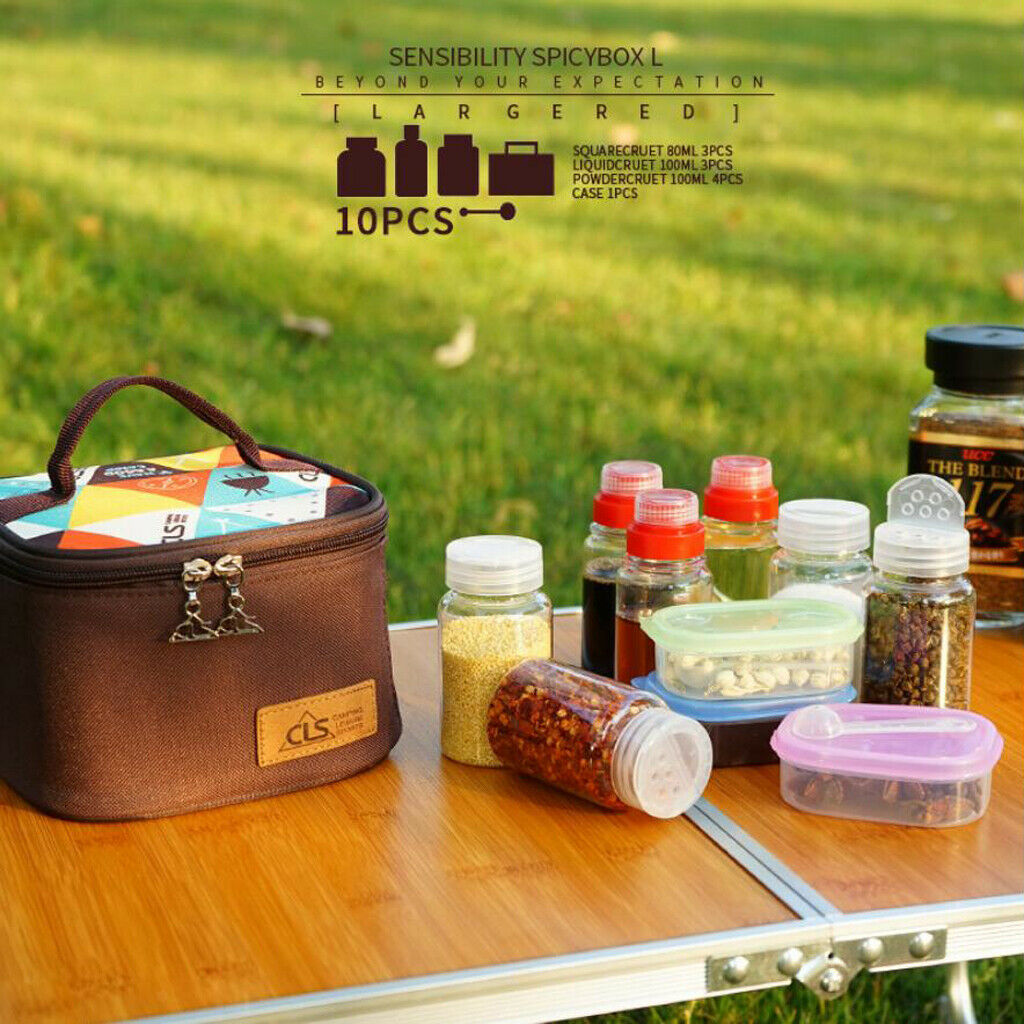 10pcs Camping BBQ Spice Sugar Salt Pepper Storage Condiment Jar Bottle w/Bag