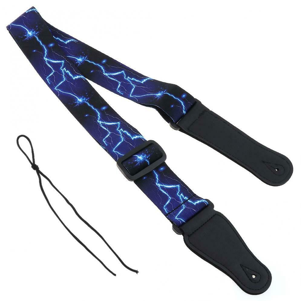Adjustable Guitar Strap with Blue Lightning Pattern for Acoustic Bass Guitar
