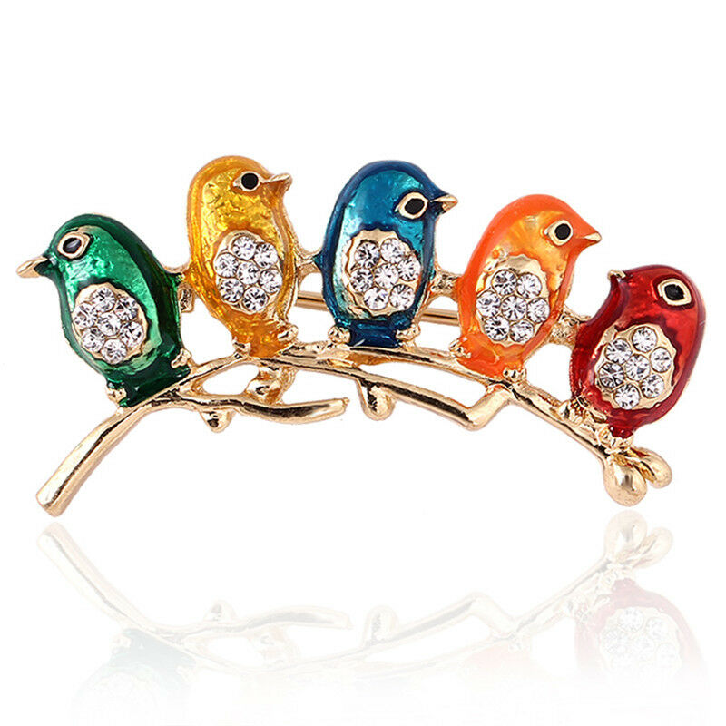 Enamel Five Birds Brooch Pin Crystal Rhinestone Collar Clip Animal Brooch .l8