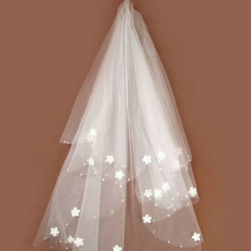 Elbow Length Wedding Bridal Veils Floral Lace Edge Beaded White Accessories New