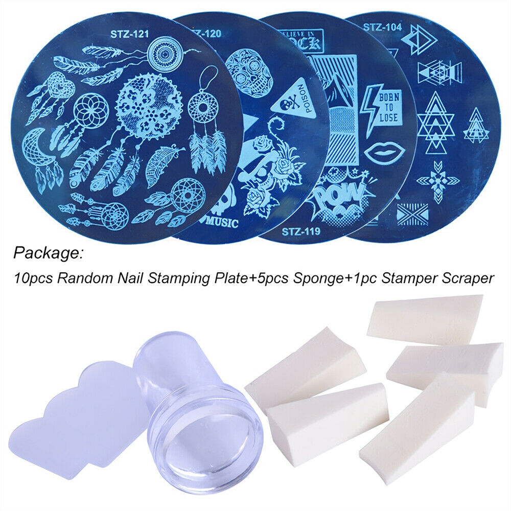 10psc Random Nail Stamping Plate+5pcs Sponge+1ps Stamper Scraper Template Set