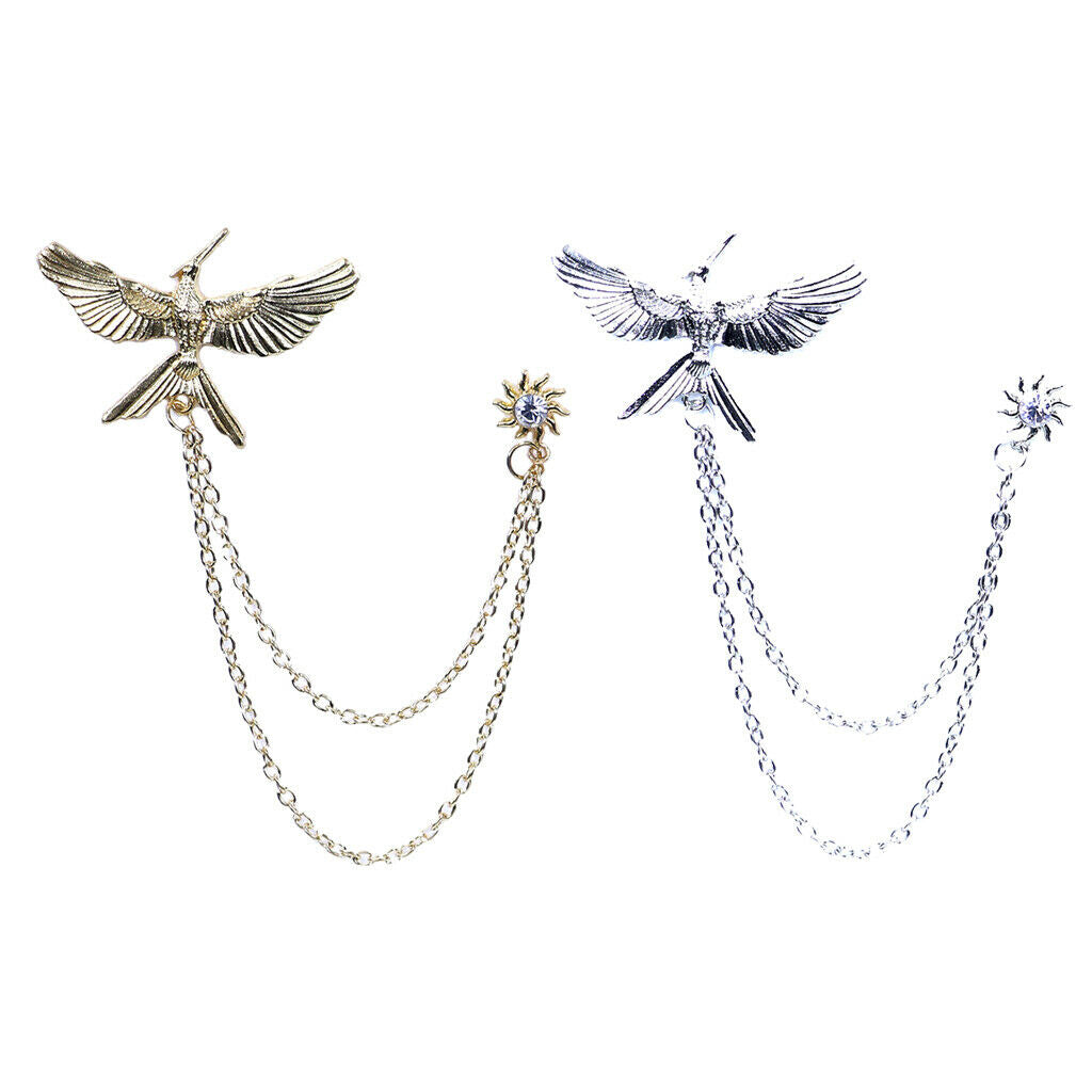 2 Pieces Novelty Flying Eagle Chain Brooch Pin Button, Shirt Neck Collar Tips
